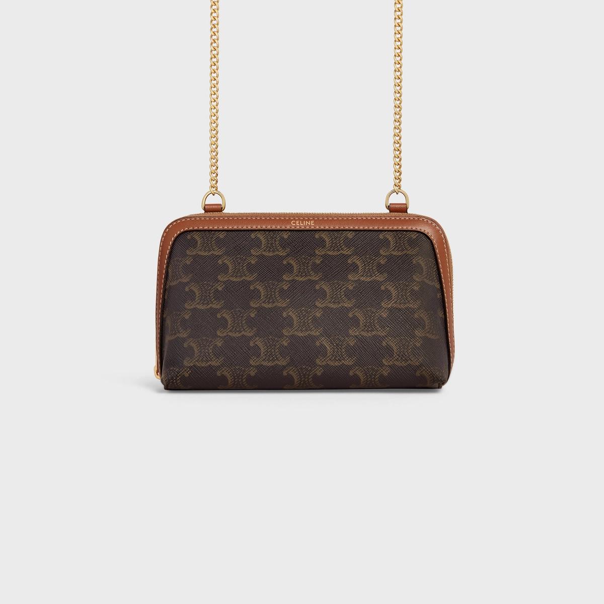 Pochette con Catena in Tela e Pelle di Agnello